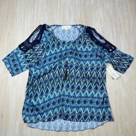 NWT French Laundry Cristel Blue Combo Cold Shoulder Necklace Top Blouse 2X - Picture 1 of 16